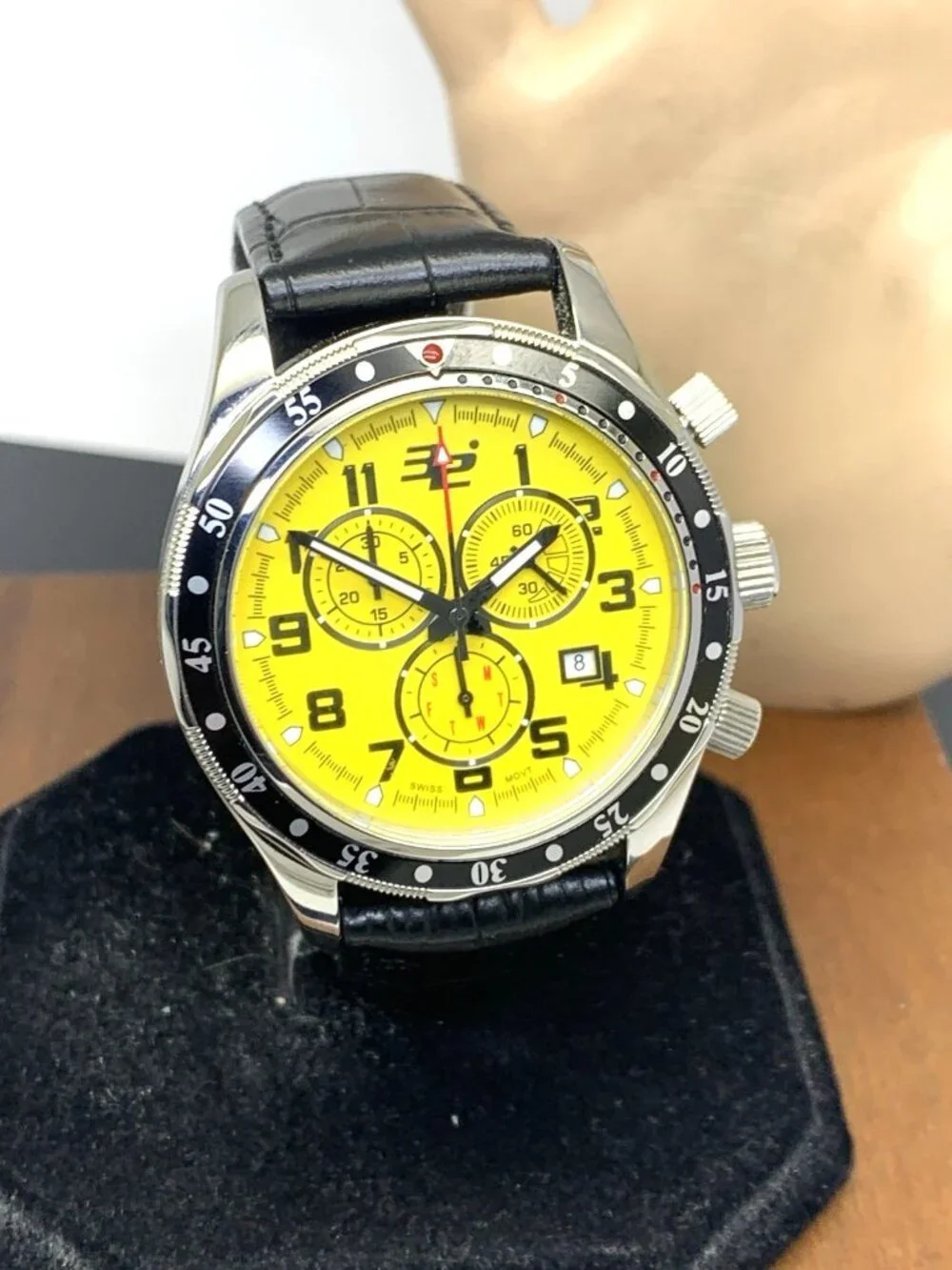 32 Degrees Men's Watch Swiss Quartz Chronograph Yellow Dial Black Leather 43mm